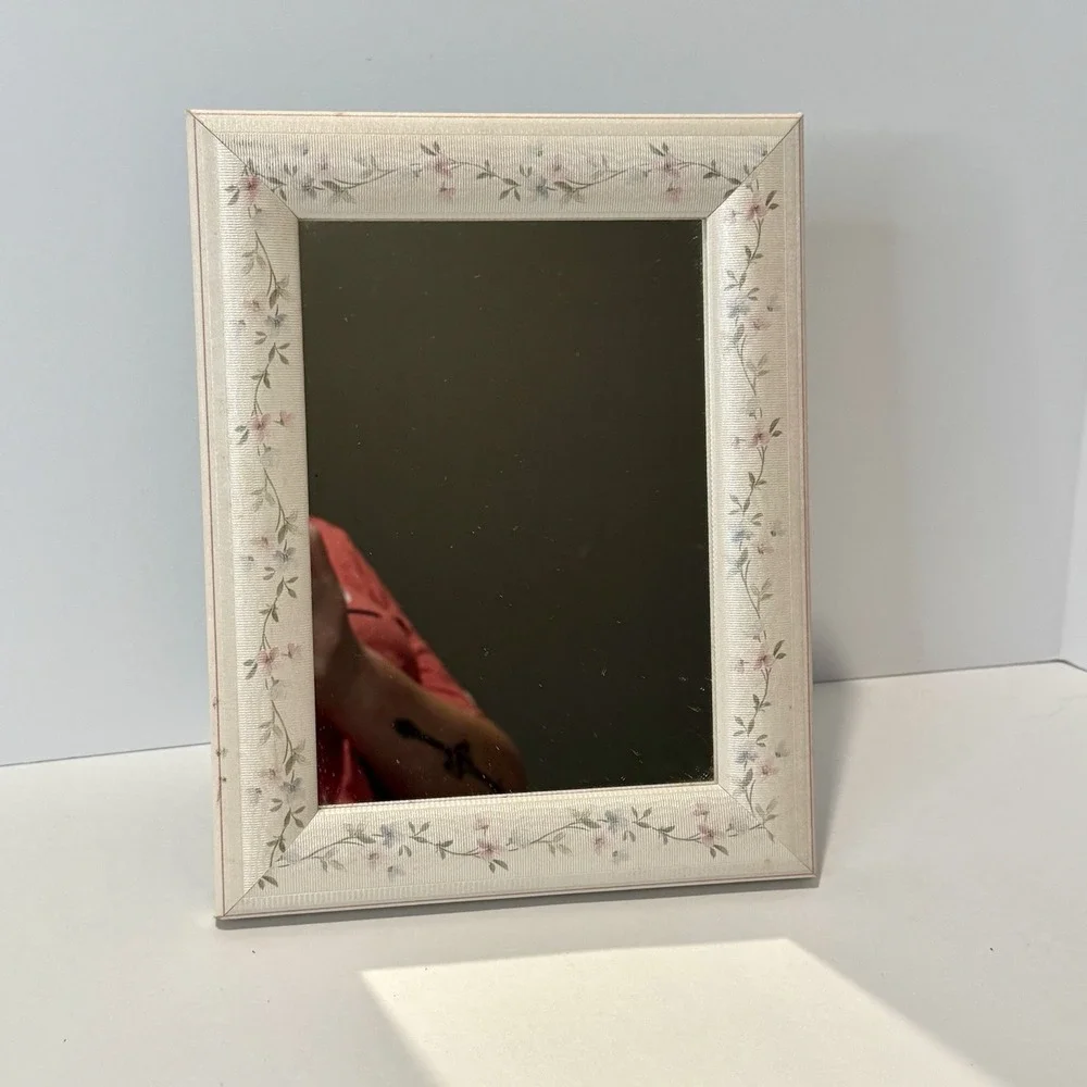 Vintage Vanity Tabletop Framed Mirror 9x7 Floral Padded Granny Core Shabby Chic